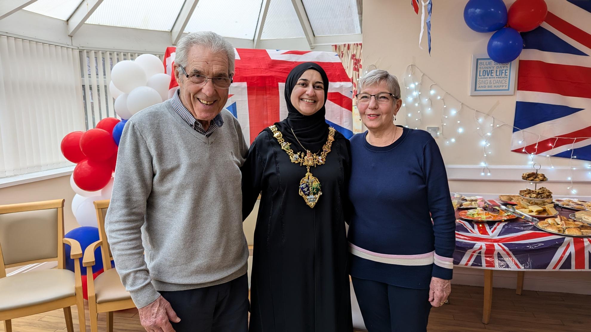 Madam Mayor Ismail with resident and family member at Rotherham care home