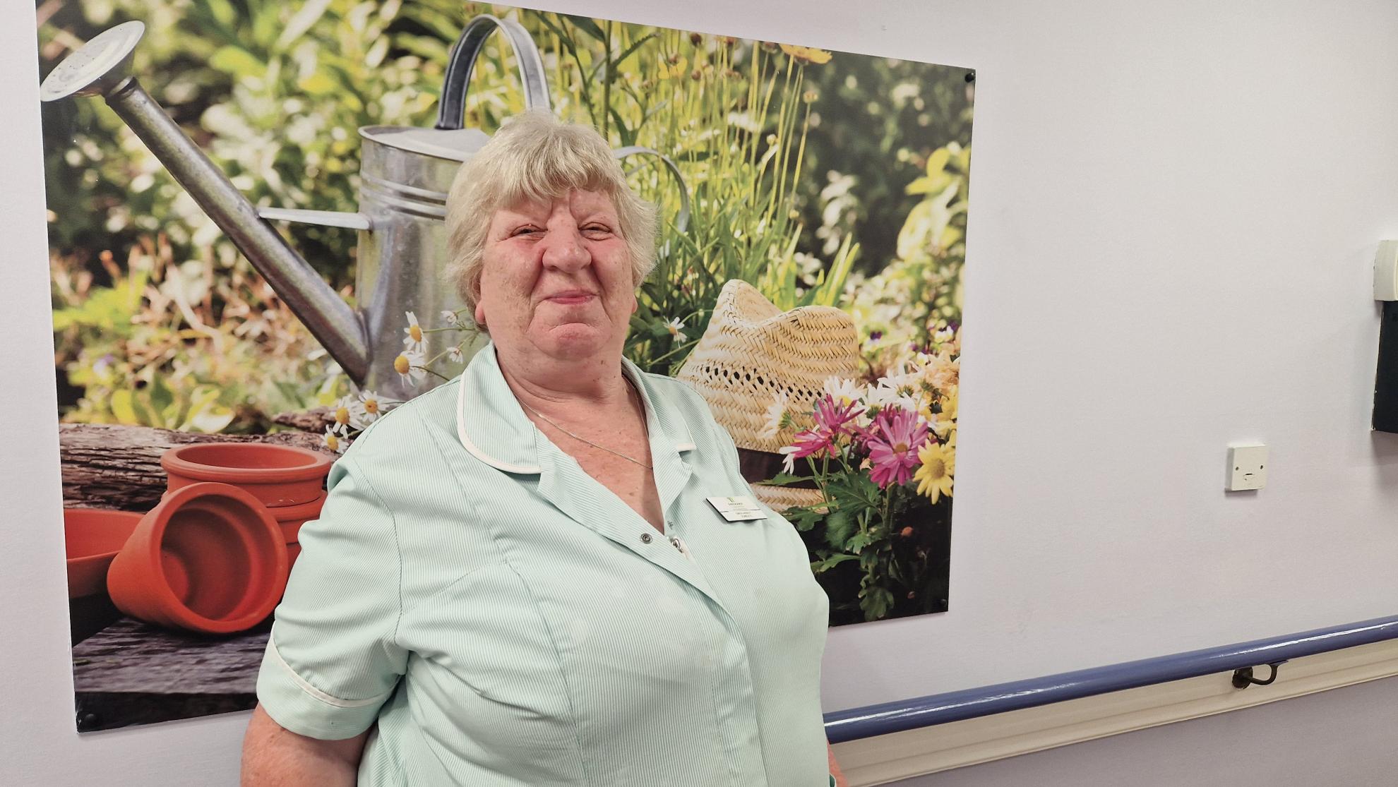 Gwen smiling at Lansbury Court Care Home