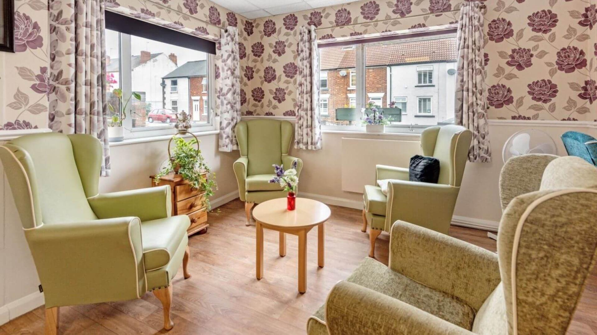 Cosy living room at Chatsworth Lodge Care Home in Chesterfield 
