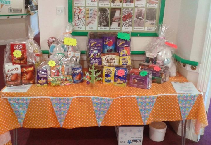 A table of prizes and goodies at Archers Park's Easter Party.